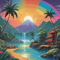 Marine landscape in cartoon style with sunset