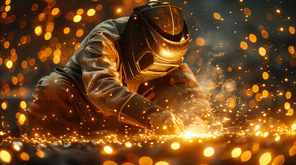 Obraz premium A skilled welder is creating a fusion of metal, shaping it with precision and expertise. The essence of craftsmanship in the industrial world. Generative AI.
