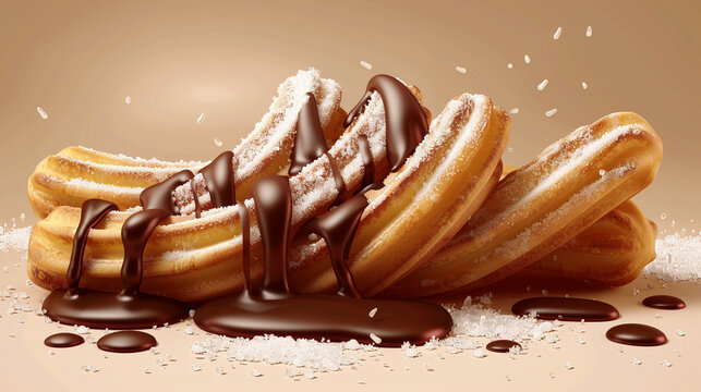 A playful 3D vector of churros dipped in chocolate sauce, sprinkled with sugar, perfect for a sweet treat advertisement