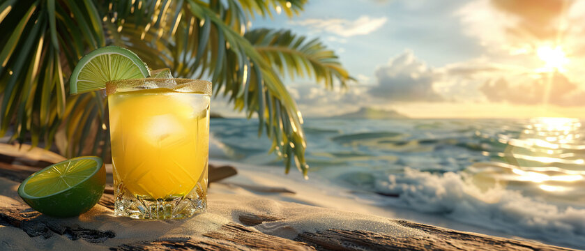 An atmospheric render of a refreshing margarita cocktail next to a beach scene, promoting a taste of Mexican leisure