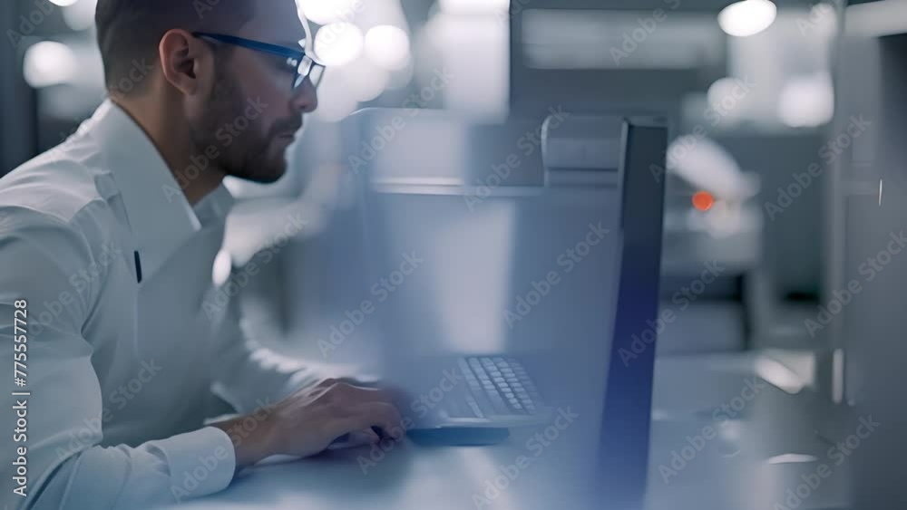 Poster man sitting at desk using laptop computer generative ai