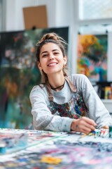 Fototapeta premium Radiant Female Artist Enjoying a Break in Her Colorful Studio Amidst Vibrant Paintings