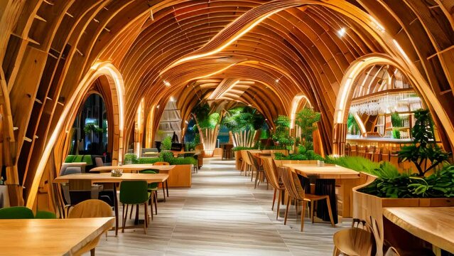 Modern wood textured interior cafe with a wooden structure