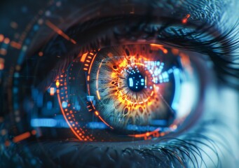 Close-Up View of a Futuristic Cybernetic Eye With Advanced Technology Interface