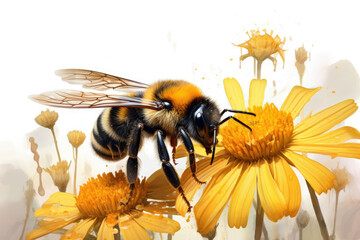 generated illustration of honey bee collecting nectar from a blooming chamomile flower - obrazy, fototapety, plakaty