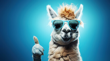 generated illustration of llama with thumb up positive gesture - obrazy, fototapety, plakaty
