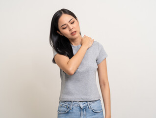 Asian woman has problem with structural posture She had neck and shoulder pain. She massaged her...