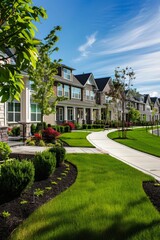 Professional Photography of a Suburban Townhouse Community With Manicured Lawns, Communal Amenities, and Close-Knit Neighborhood Charm, Generative AI