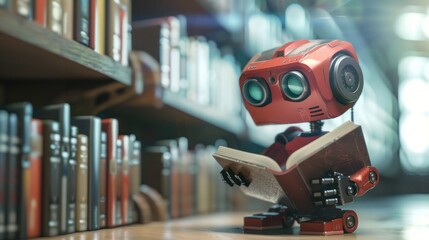 Cute little robot reading a book in the library - obrazy, fototapety, plakaty