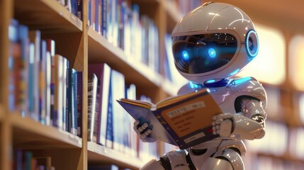 Fototapeta premium Cute little robot reading a book in the library