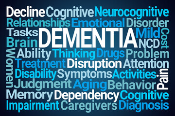 Dementia Word Cloud on Blue Background