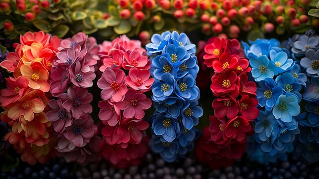 A display of 4th of July National Day wreaths, their blooms echoing the colors of the American flag no grunge, no splash, no dust, high resolution, clean sharp focus - Powered by Adobe