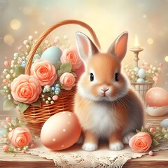 Beautiful Rabbit with eggs in basket. generativeAI