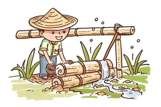 Cartoon cute doodles of an Asian farmer repairing a traditional irrigation system, with water flowing smoothly to nourish the crops, Generative AI