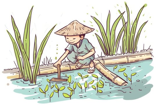 Cartoon cute doodles of an Asian farmer repairing a traditional irrigation system, with water flowing smoothly to nourish the crops, Generative AI
