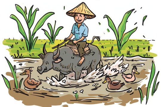 Cartoon cute doodles of an Asian farmer riding a water buffalo through a muddy rice field, with playful ducks following behind, Generative AI