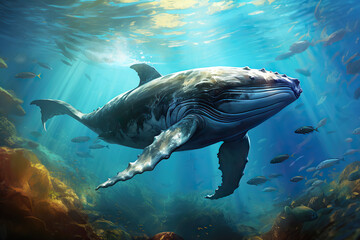 Fototapeta premium generated illustration of humpback whale swimming under water