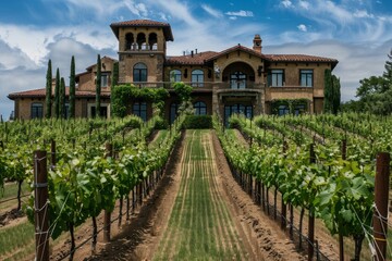 Fototapeta na wymiar Professional Photography of a Vineyard Estate With Rolling Vineyards, Wine Cellar, and Tuscan-Inspired Villa, Generative AI