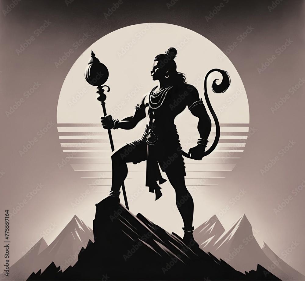 Wall mural simple illustration for hanuman jayanti with a lord hanuman silhouette.