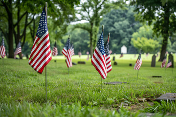 A cemetery with four American flags in the grass. The flags are in different positions, some are standing upright and others are laying down. Concept of patriotism and respect for the deceased