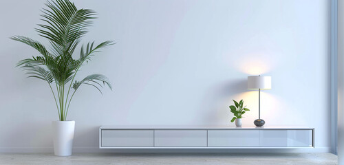 A contemporary TV cabinet with sleek lines and glossy white finish, featuring a tall potted plant and a minimalist lamp, against a white wall background