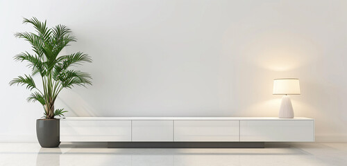 A contemporary TV cabinet with sleek lines, featuring a tall potted plant and a minimalist lamp, against a crisp white wall background
