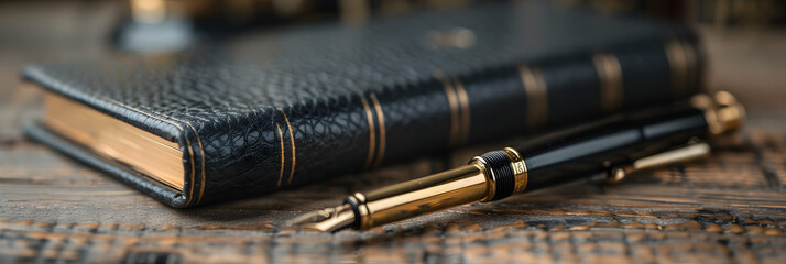 Black Leather Bound Notebook with Pen ,
Fountain pen beautiful fountain pen in an environment with Black Leather Bound Notebook

