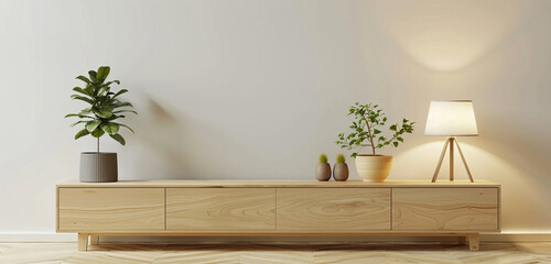 A Scandinavian-style TV cabinet with clean lines and light wood finish, adorned with a small potted plant and a modern lamp, against a white wall background