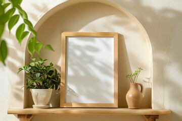 A simple wooden frame on an arched shelf in the wall surrounded by natural elements like plants and artwork