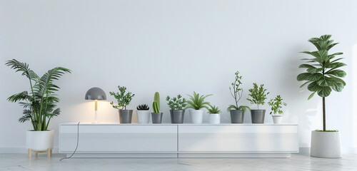 A sleek and modern TV cabinet with glossy white finish, adorned with a variety of plants in pots and a minimalist lamp, against a white wall background - obrazy, fototapety, plakaty