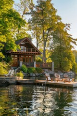 Fototapeta premium Professional Photography of a Waterfront Property With a Private Dock, Boathouse, and Serene Lake Views, Generative AI