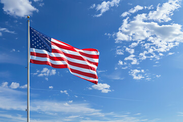 Fototapeta premium A large American flag is flying in the sky. The flag is blue and white with stars. The sky is clear and blue with a few clouds