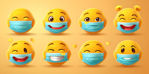 Set of emoji faces in medical masks. Smiling yellow emoji. generative ai 