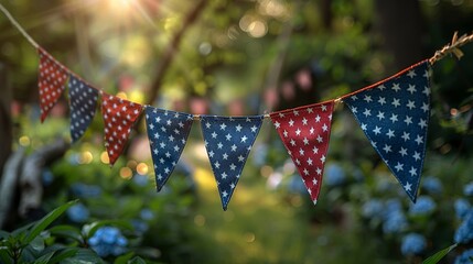 Patriotic 4th of July decorative National Day bunting in red, white, and blue adorns a festive setting, embodying national pride no grunge, no splash, no dust, digital photography - obrazy, fototapety, plakaty