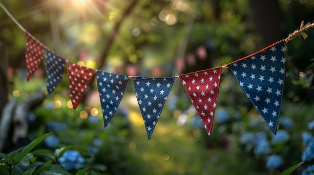 Patriotic 4th of July decorative National Day bunting in red, white, and blue adorns a festive setting, embodying national pride no grunge, no splash, no dust, digital photography