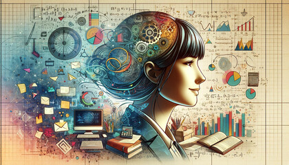 Double exposure technique, with a businesswoman and mathematical formulas, graphics and technological elements; A visual metaphor showing the place of women in business life. Retro futuristic style. 