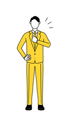Simple line drawing illustration of a businessman in a suit tapping his chest.