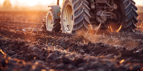 Fotobehang Tractor tilling the soil at sunrise, close-up on the wheels and earth, beginning of a growth cycle  © Thanthara