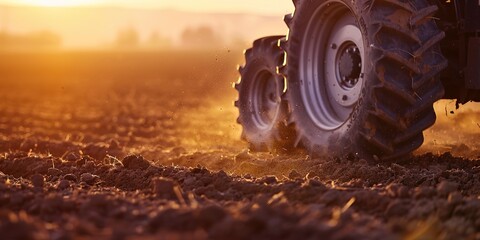 Tractor tilling the soil at sunrise, close-up on the wheels and earth, beginning of a growth cycle
