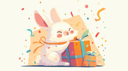 Illustration of rabbit with gift box on a white bac