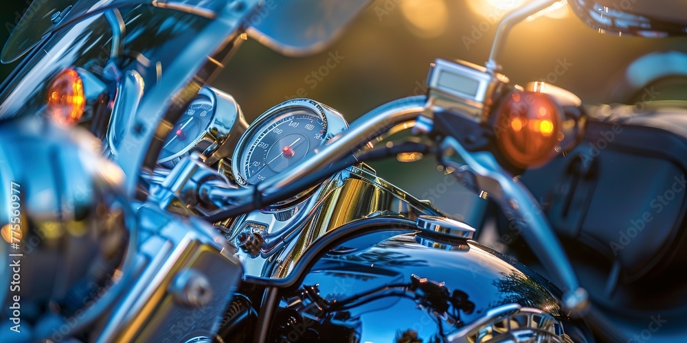 Wall mural Police motorcycle dashboard, close-up, early morning light, law enforcement on the move 