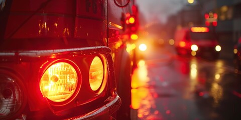 Fire truck siren and lights, close-up, intense focus, dusk light, urgency and bravery - obrazy, fototapety, plakaty