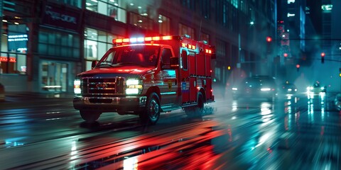 Ambulance speeding at night, close-up on the reflective decals, life-saving urgency in motion - obrazy, fototapety, plakaty