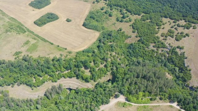 Aerial View Of Gods Bridge, Fields And Green Forest Near Vratsa, Bulgaria.