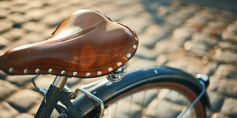 Vintage bicycle with leather seat detail, close-up, soft daylight, nostalgia and simplicity of past rides - obrazy, fototapety, plakaty