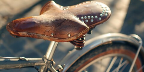 Vintage bicycle with leather seat detail, close-up, soft daylight, nostalgia and simplicity of past rides  - obrazy, fototapety, plakaty