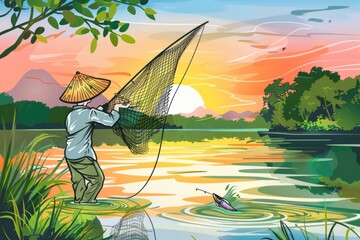 Cartoon cute doodles of an Asian farmer using a traditional fishing net to catch fish in a tranquil river, with a colorful sunrise in the background, Generative AI - obrazy, fototapety, plakaty