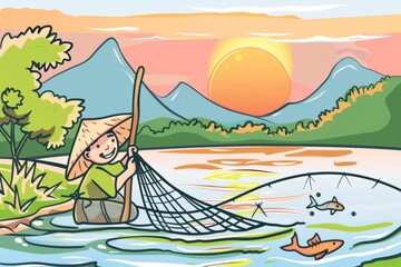 Cartoon cute doodles of an Asian farmer using a traditional fishing net to catch fish in a tranquil river, with a colorful sunrise in the background, Generative AI - obrazy, fototapety, plakaty