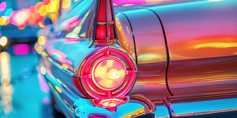 Classic car tailfin under neon lights, vibrant colors, close-up, iconic design of the 50s era 