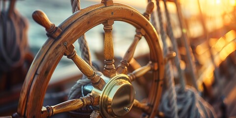 Old ship's steering wheel, close-up, warm sunset light, adventure and exploration on the high seas